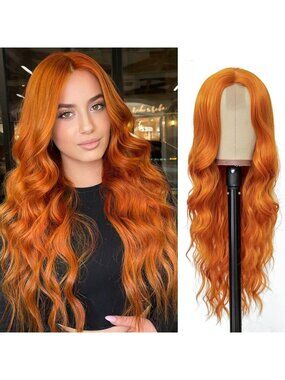 Women's Orange 26 Inch Natural Looking Heat Resistant Long Wavy Wigs